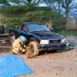 Firefighters use cribbing to stabilize the vehicle