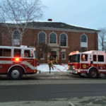 Engines 28-12 and 16-2 at Meadville Public Library (photo by Shannon Roae/Meadville Tribune)